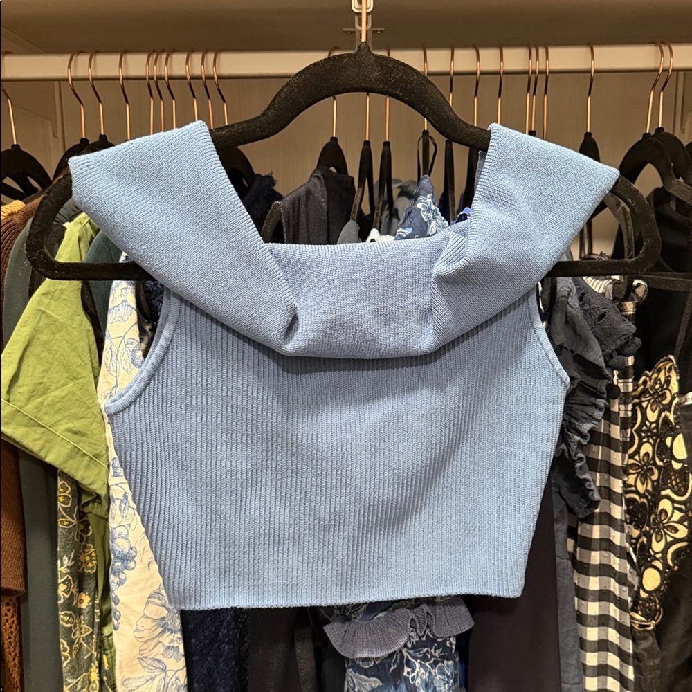 Aritzia Light Blue Ribbed Crop Tank with Folded Collar